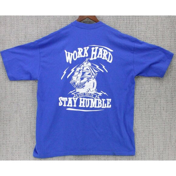 Vintage Pro Club Shirt Mens 2XL Blue Work Hard Stay Humble Pirate Boat Art Y2k - Picture 1 of 10